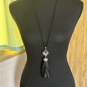 C1946 Silver & Black Smoky Crystal Tassel Necklace 30”+3”